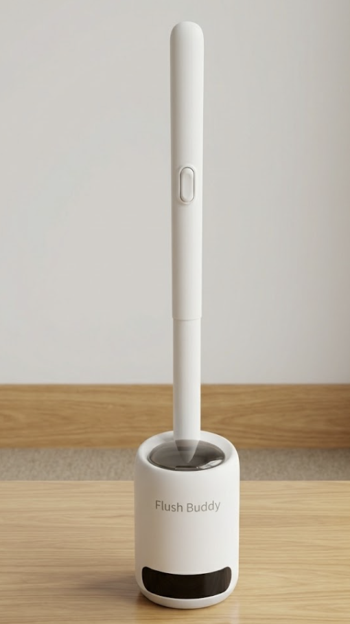 Flush Buddy toilet brush system standing upright